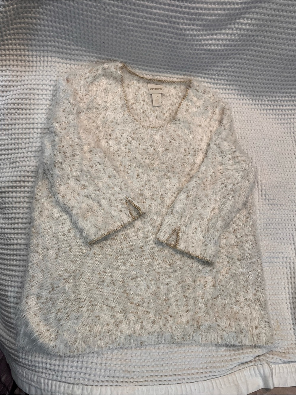 Chico's Cream Fuzzy Knit Crewneck Sweater with Subtle Gold Threads